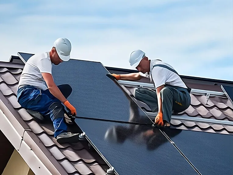 Two installers laying an evenly black back contact panel on a tiled roof.