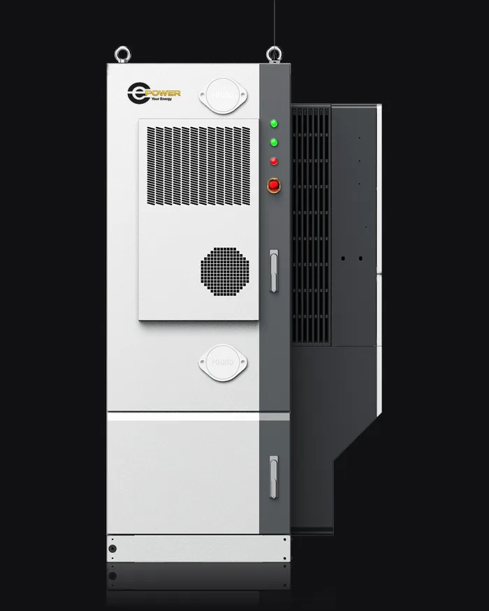 White battery cabinet with the EPOWER logo, seen from the front.